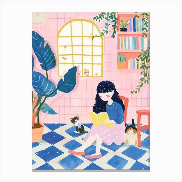 Girl Reading A Book Lo Fi Kawaii Illustration 10 Canvas Print by Kawaii Kingdom