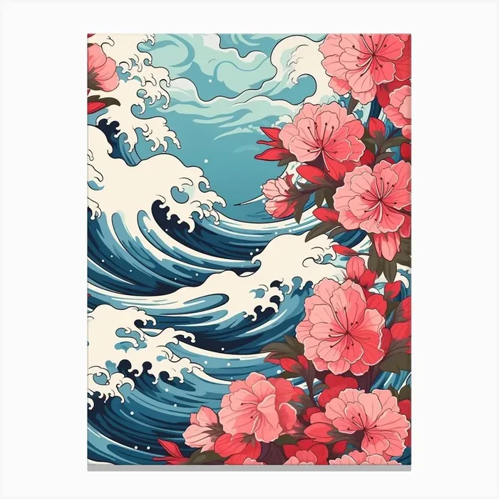 Great Wave With Azalea Flower Drawing In The Style Of Ukiyo E 2 Canvas Print by Ukiyo-e Wonders