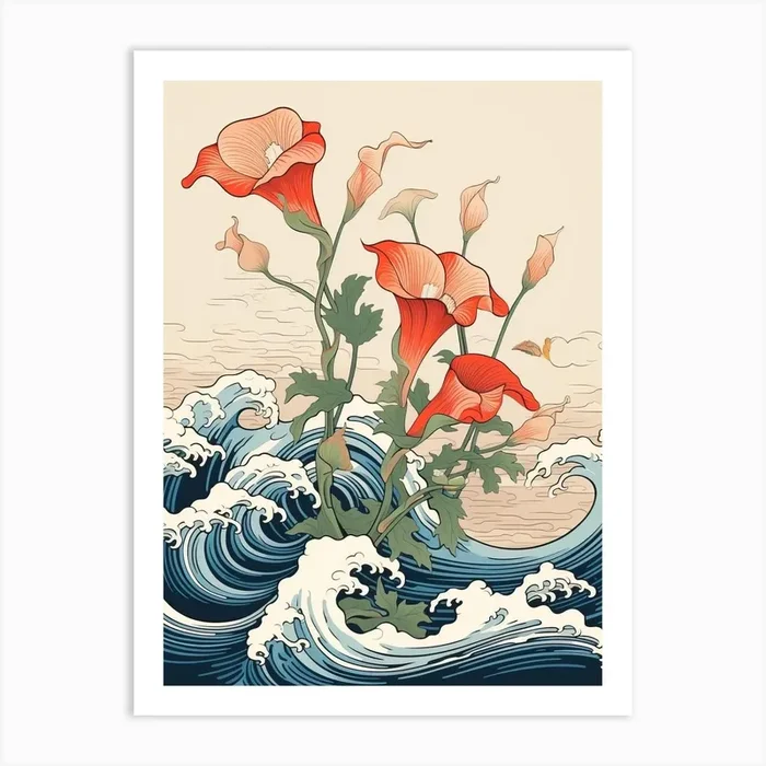 Great Wave With Calla Lily Flower Drawing In The Style Of Ukiyo E 3 Art Print by Ukiyo-e Wonders
