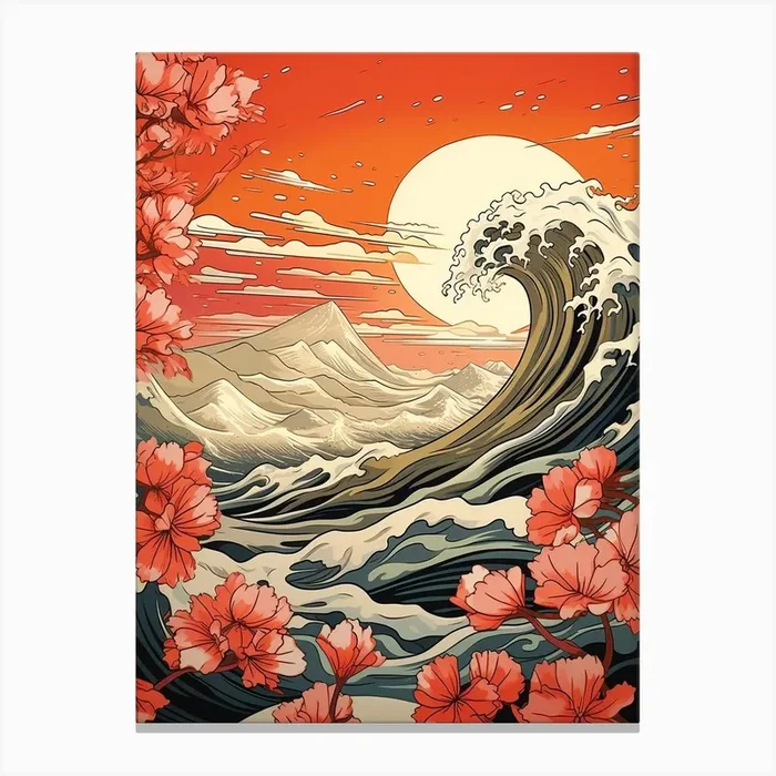 Great Wave With Daffodil Flower Drawing In The Style Of Ukiyo E 4 Canvas Print by Ukiyo-e Wonders