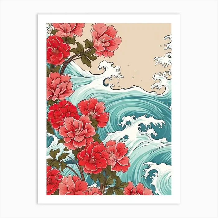 Great Wave With Geranium Flower Drawing In The Style Of Ukiyo E 3 Art Print by Ukiyo-e Wonders