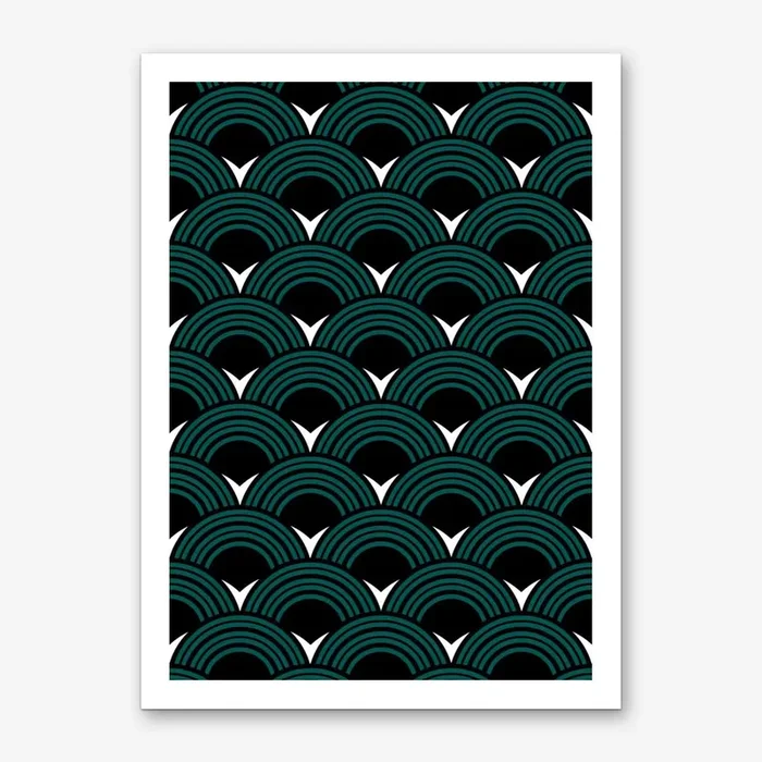 Green & Black Japanese Wave Pattern Modern Wall Decor Art Print by KookiePixel