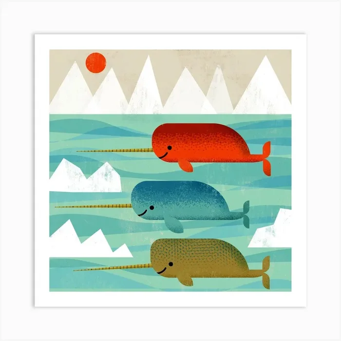 Happy Narwhals Square Art Print by Gareth Lucas Art