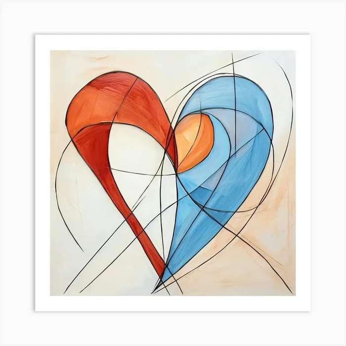 Heart Illustratuon Geometric Orange & Blue Art Print by Essence Lines