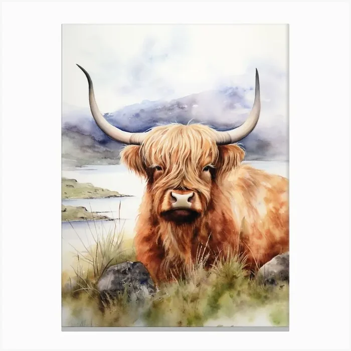 Highland Cow By The Lake Watercolour Canvas Print by Exploring the Highlands