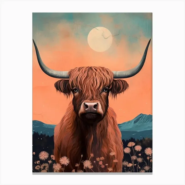 Highland Cow In Moonlight Textured Illustration 1 Canvas Print by Exploring the Highlands
