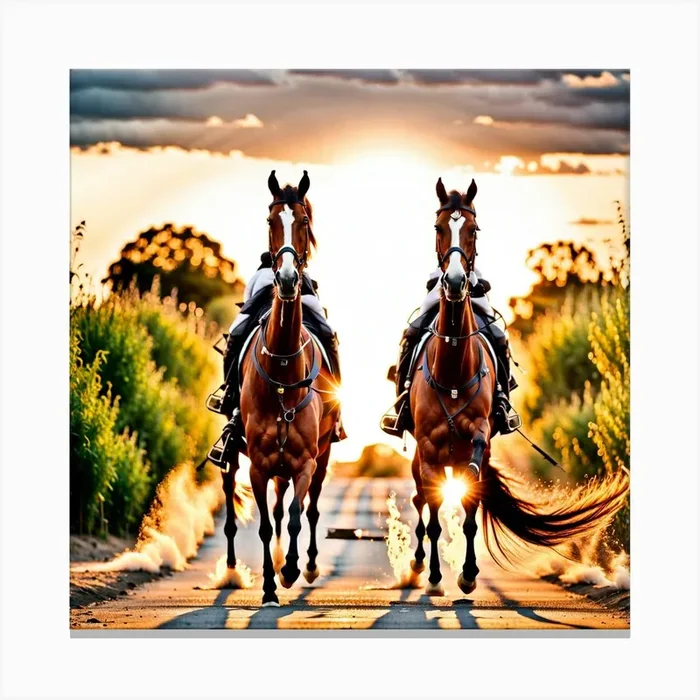 Horses In The Sunset Canvas Print by lookartology