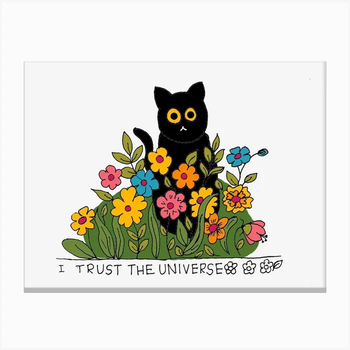 I Trust The Universe Cat Black Wild Flowers Canvas PrintB by BALCONYDOORS