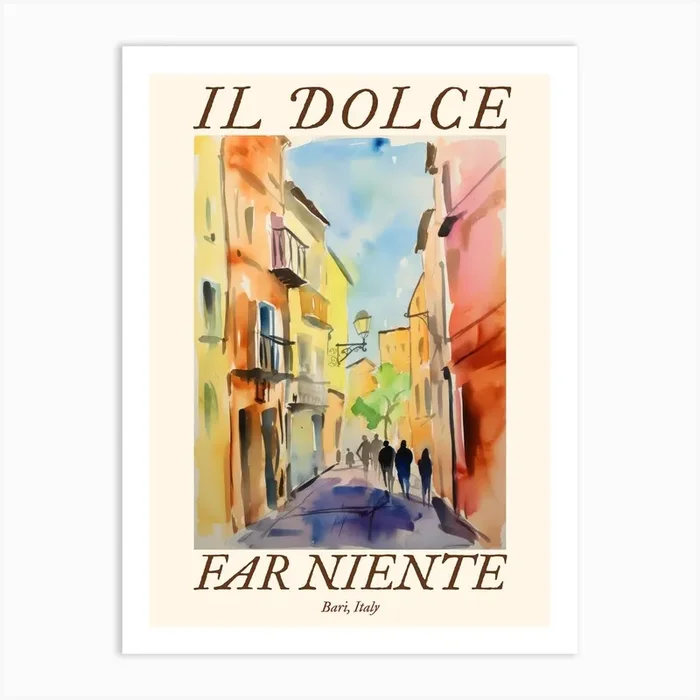 Il Dolce Far Niente Bari, Italy Watercolour Streets 4 Poster Art Print by MedArt