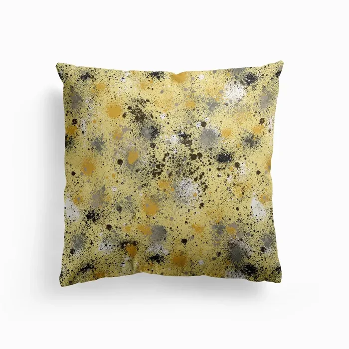 Ink Dust Splatter Yellow Cushion by Ninola Design