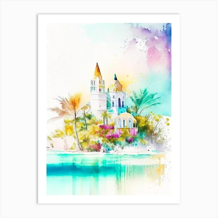 Isla Mujeres Mexico Watercolour Pastel Tropical Destination Art Print by Coconut Cove