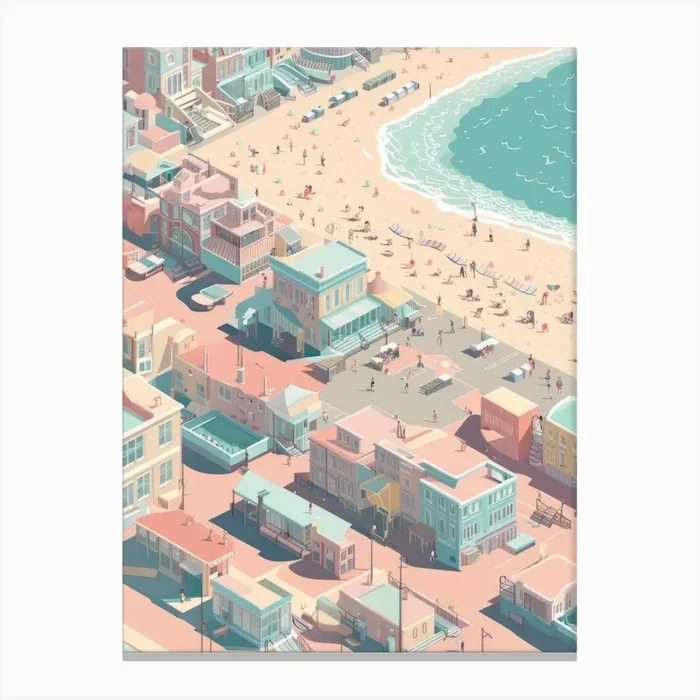 Isometric Pastel Colour Tones Beach City Town Architecture Birds Eye Canvas Print by Danny Barber