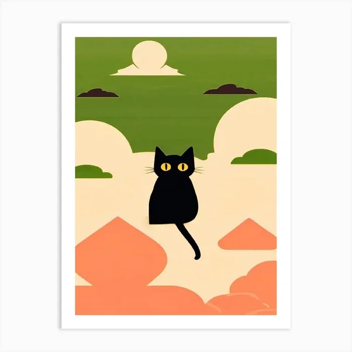 Japanese Black Cat Motif Art Print by Chantee