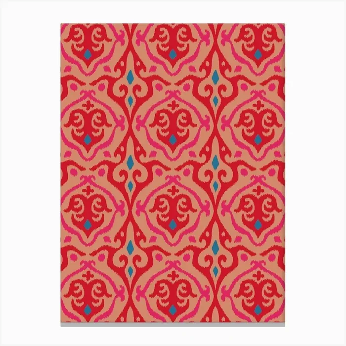 JAVA Boho Ikat Woven Texture Style in Exotic Red Pink Blue on Blush Sand Canvas Print by UnBlink Studio