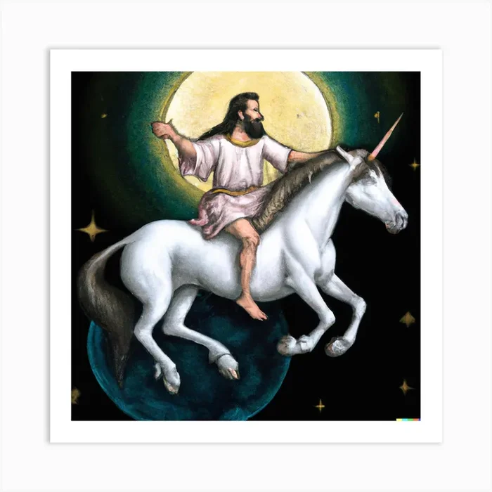 Jesus On A Unicorn Art Print by Doodle Labs Studios