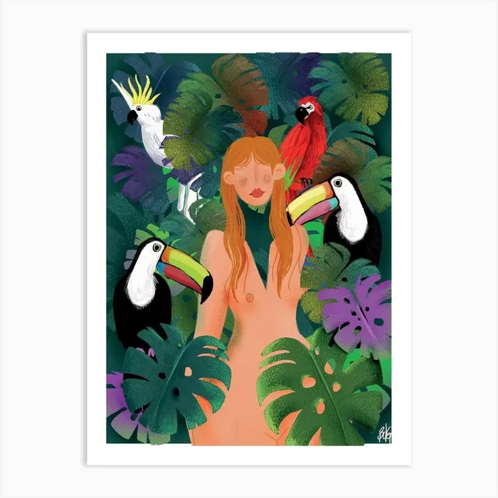 Jungle Woman With Toucans Art Print by Giulia Verrini