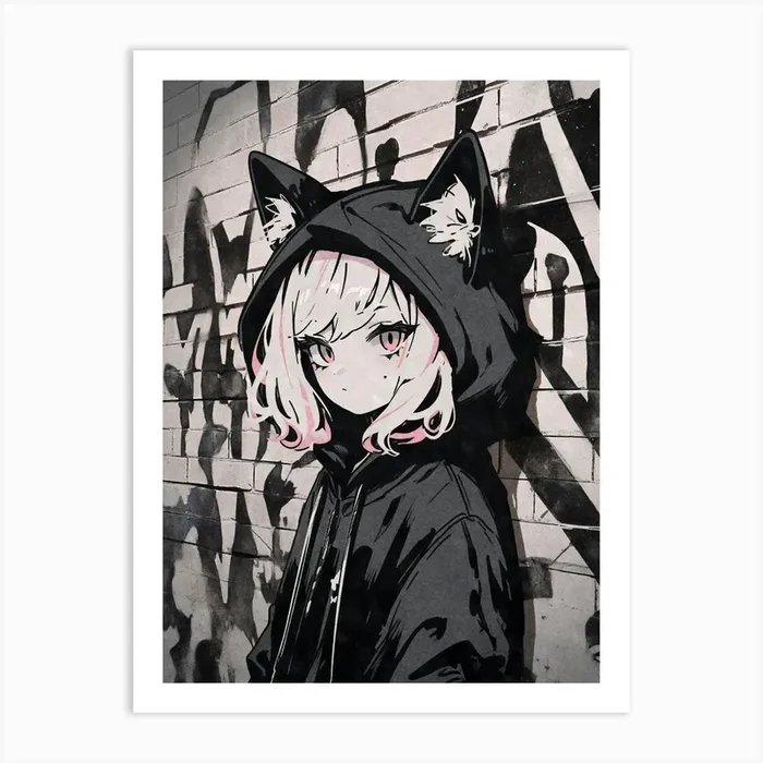 Kawaii Aesthetic Monochrome Nekomimi Anime Cat Girl Urban Graffiti Style Art Print by Cloud Masaki