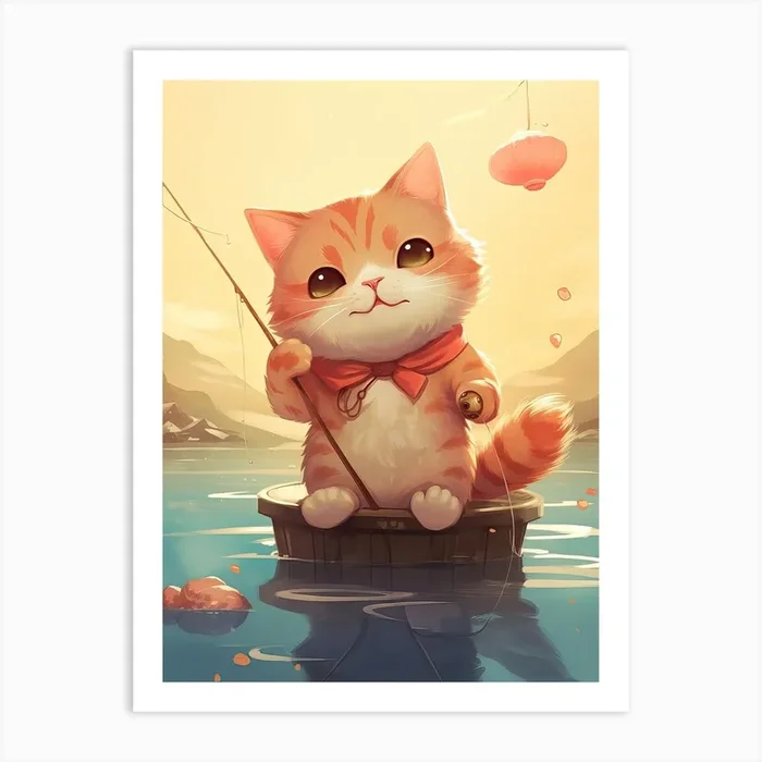 Kawaii Cat Drawings Fishing 4 Art Print by Kawaii Kingdom
