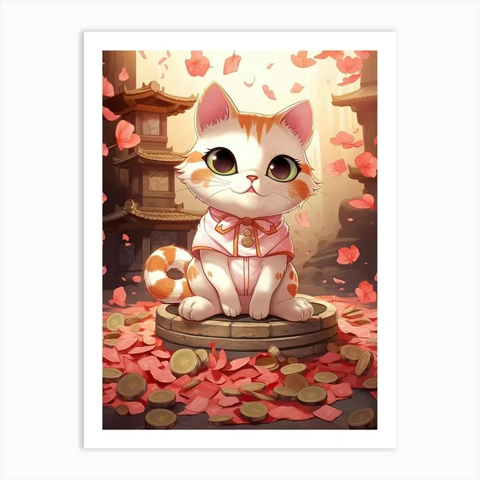 Kawaii Cat Drawings Fortune Coins 1 Art Print by Kawaii Kingdom