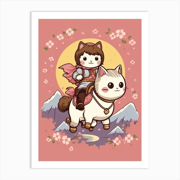 Kawaii Cat Drawings Horseback Riding Art Print by Kawaii Kingdom