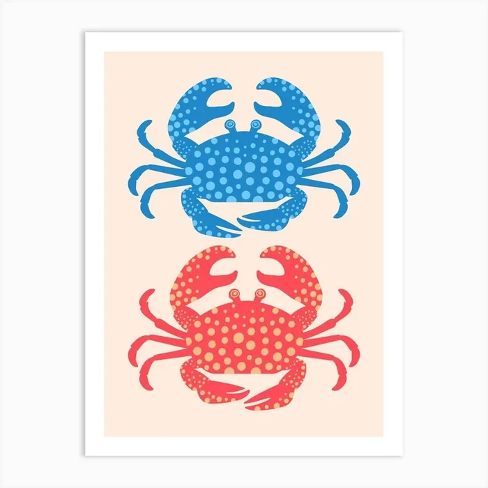 KING CRABS Summer Coastal Ocean Beach Sea Crustaceans in Seaside Blue and Red Art Print by UnBlink Studio