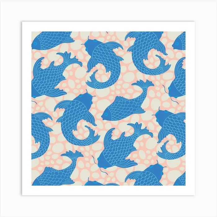 KOI Japanese Swimming Fish in Pebble Zen Pond in Blue White Blush Orange Art Print by UnBlink Studio