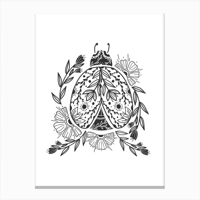 Ladybug In The Garden Canvas Line Art Print by Mitalim Designs
