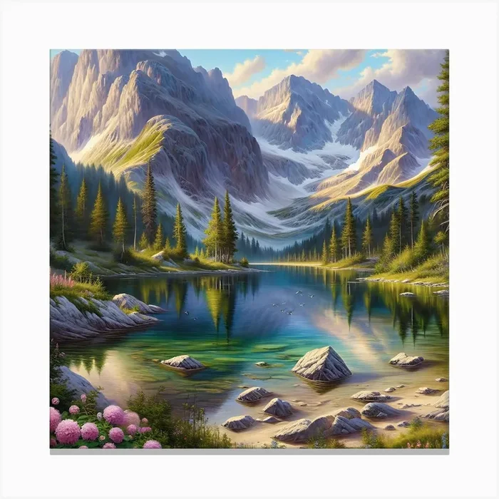 Lake In The Mountains Canvas Print by Florid Wall Art