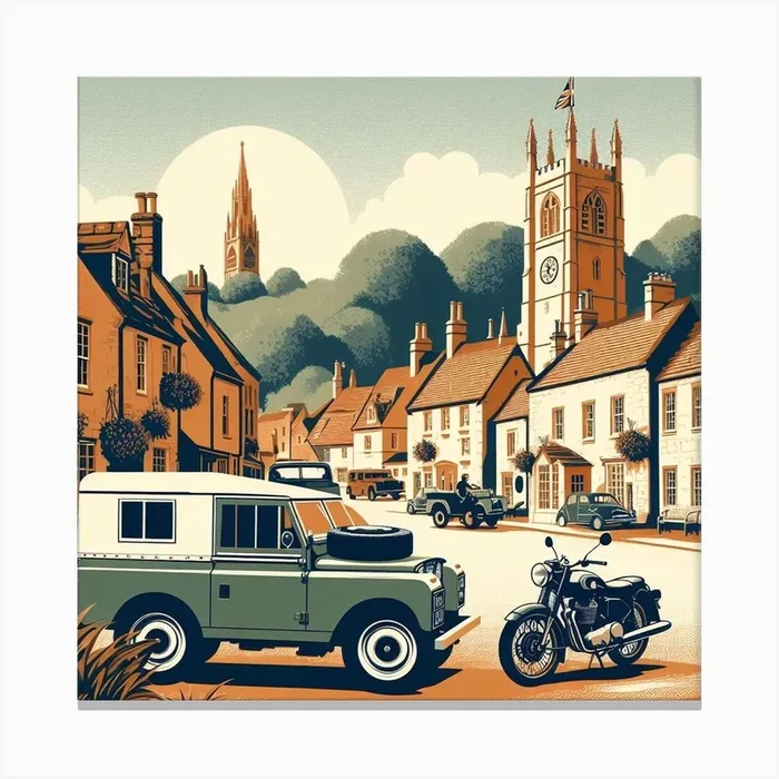 Land Rover, Beckington Village, England . Vintage Canvas Print by Bristolo Studio