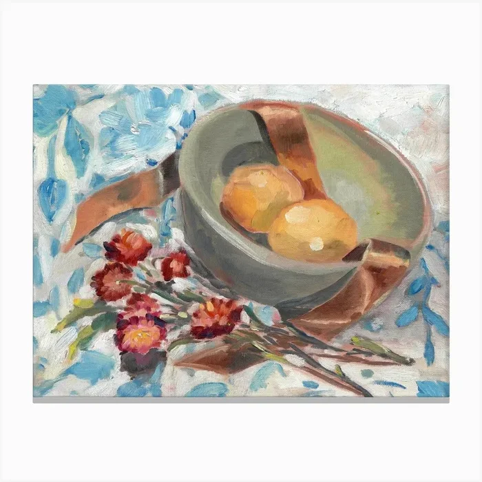 Lemons On Blue Pattern Tablecloth Canvas Print by Bley Hack