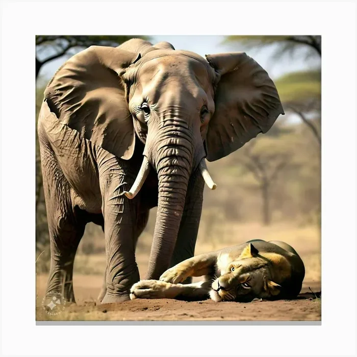 Lion And Elephant Canvas Print by Abbax
