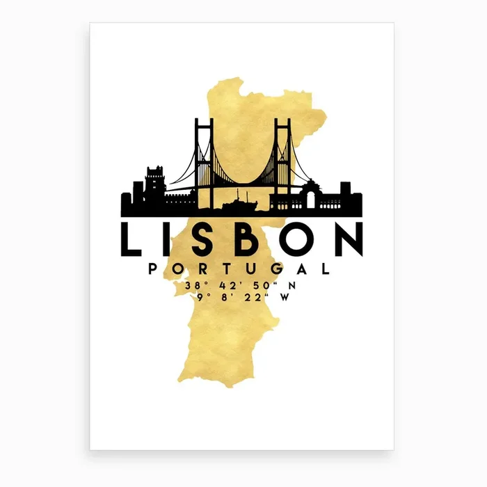 Lisbon Portugal Silhouette City Skyline Map Art Print by Deificus