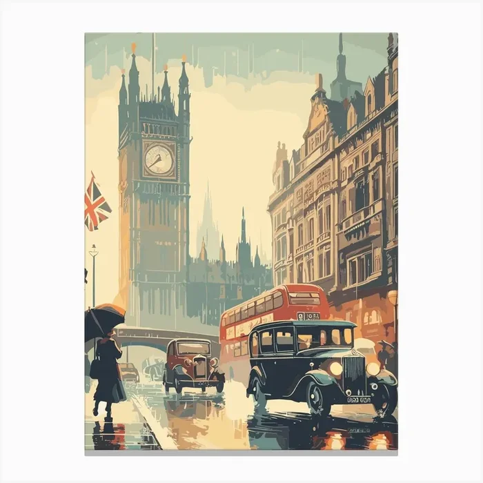 London on a rainy day vintage travel poster wall art 1 Canvas Print by ARTISTICALLY