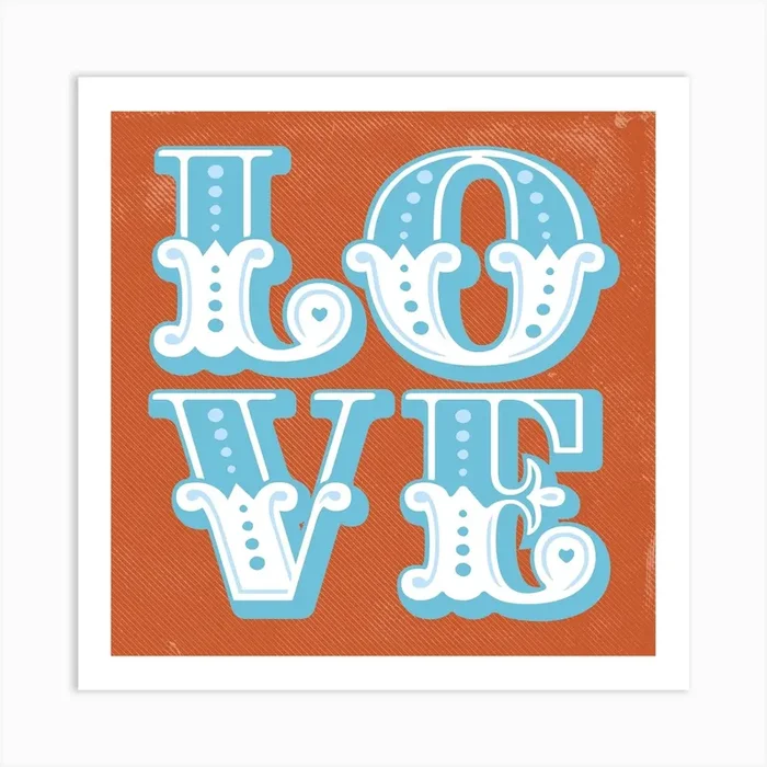 Love Carnival Style Typography Blue & Orange Square Art Print by Lucky Number 5 Design