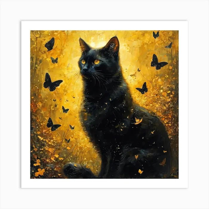 Majestic Black Cat Amidst a Flurry of Butterflies Art Print by FATSLIM