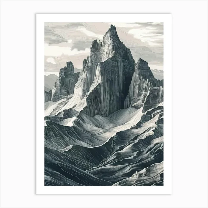 Majestic Mountain Range with Jagged Peaks and Sweeping Valleys 1 Art Print by Kriqo Art
