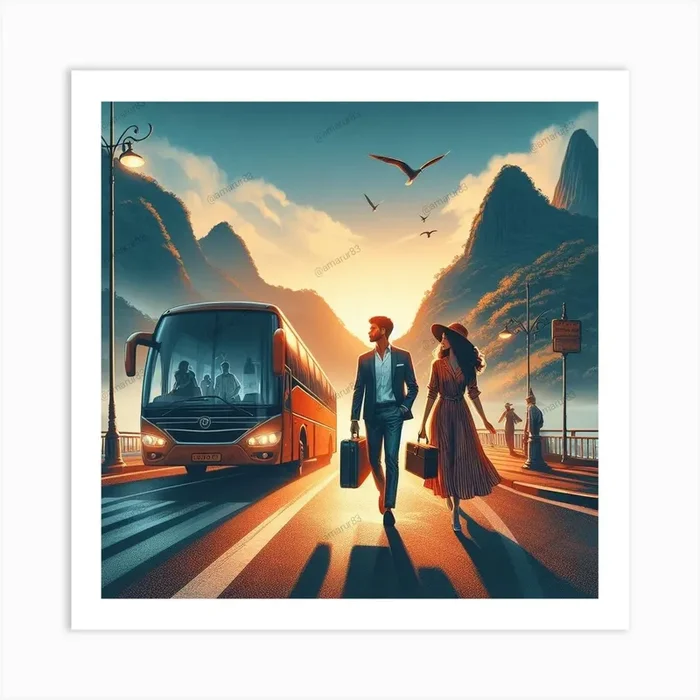 Man And Woman Walking To The Bus Art PrintED by Exclusive Designs