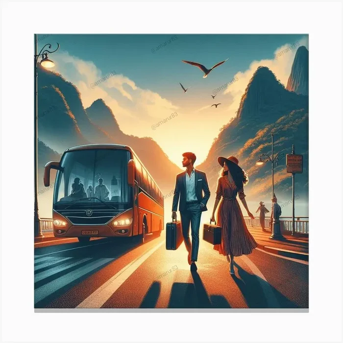 Man And Woman Walking To The Bus Canvas PrintED by Exclusive Designs