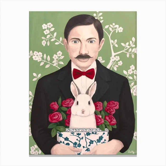 Man With Rabbit And Roses In Chinoiserie Canvas Print by Sally B
