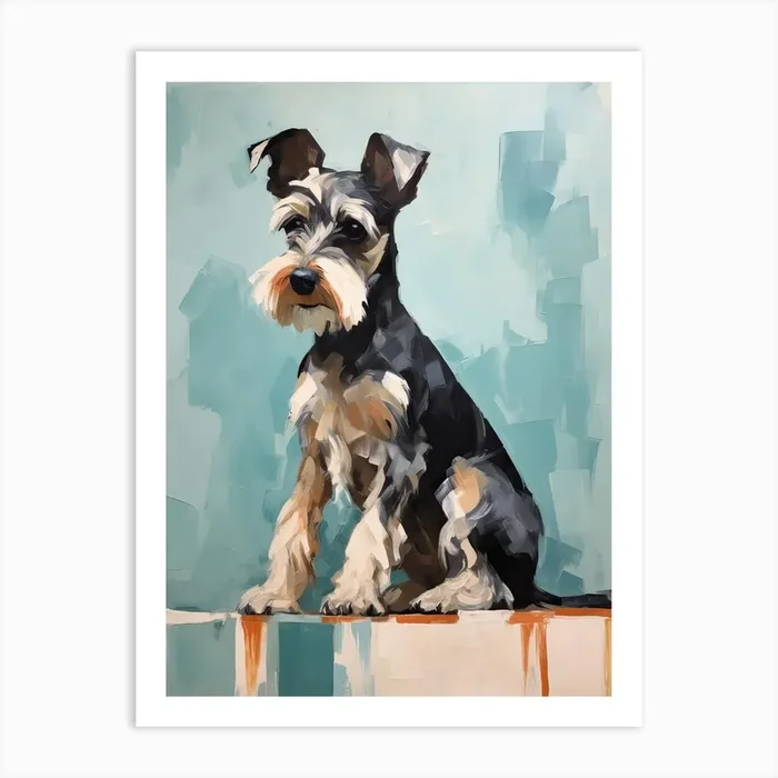 Miniature Schnauzer Dog, Painting In Light Teal And Brown 0 Art Print by Meowsterpieces