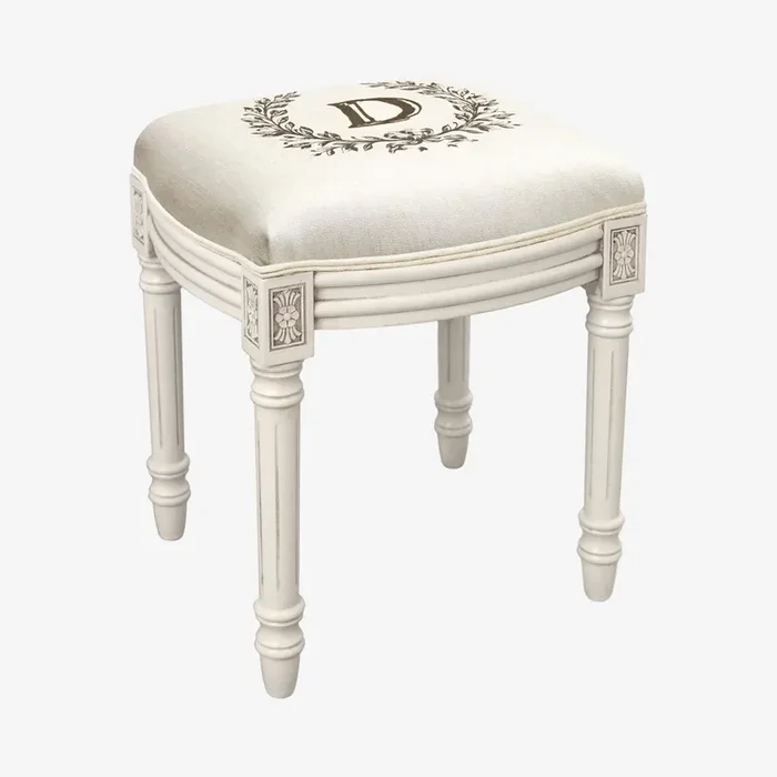 Monogram Vanity Stool – Linen / Antique White – Letter D by 123Creations