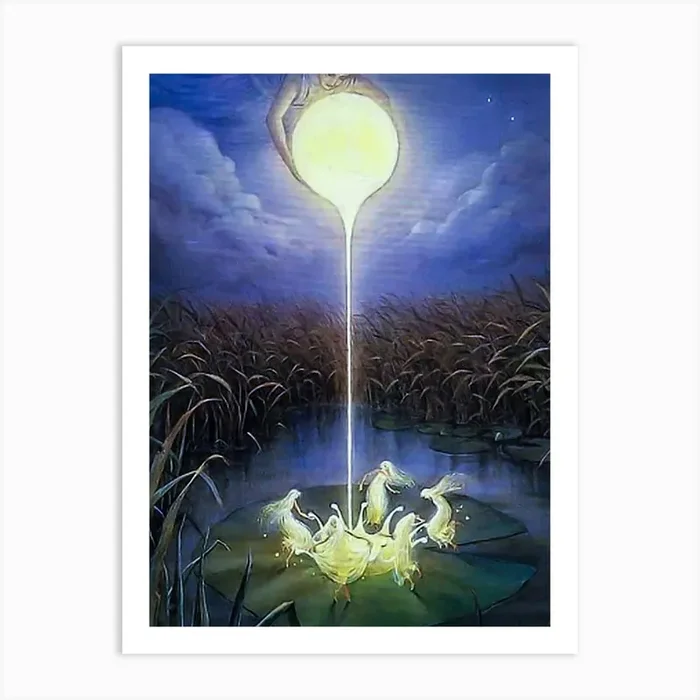 Moon Bathing – Pouring Moonlight 1952 Japanese Storybook Illustration – Pagan Nymphs Witches Dancing in a Circle Under Stars – Rare Witchy Beautiful Magical Fairytale Fairy Fairycore Witchcore Cottagecore Dreamy Art PrintLB by Love Beyond the Moon