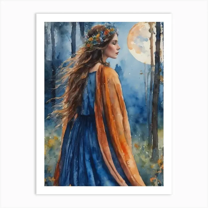 Moon Goddess – Beautiful Moon Maiden Woman – Witchy Art By Lyra the Lavender Witch – Autumn Flowers Full Moon Witch Pagan Witchcore Cottagecore Forest Art Print by Lyra the Lavender Witch