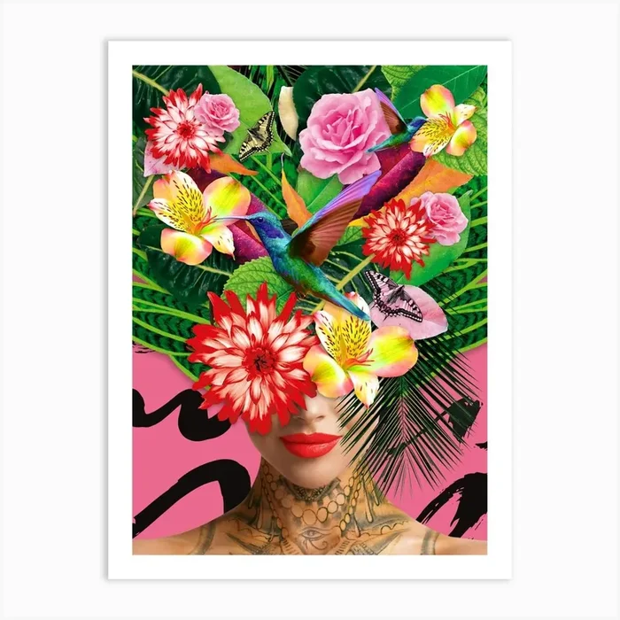 ***Mother Nature Art Print With Humming Bird Flowers And Tattoo In Pink, Portrait of a Woman, Tropical Art Print by Bloom and Flourish