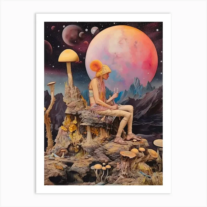 Mushroom Moon Collage Art Print by Enchanted Prints