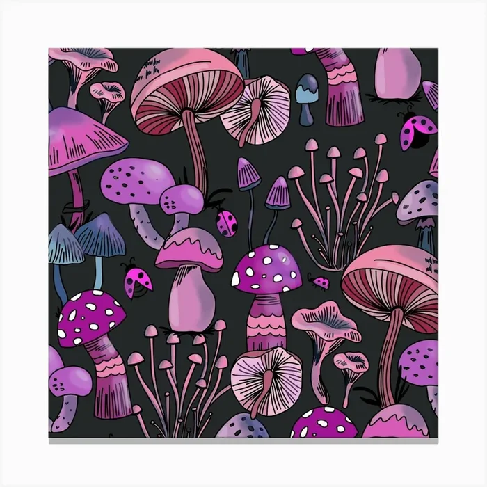 Mushrooms Pattern Dark Purple Canvas Print by Anis illustration