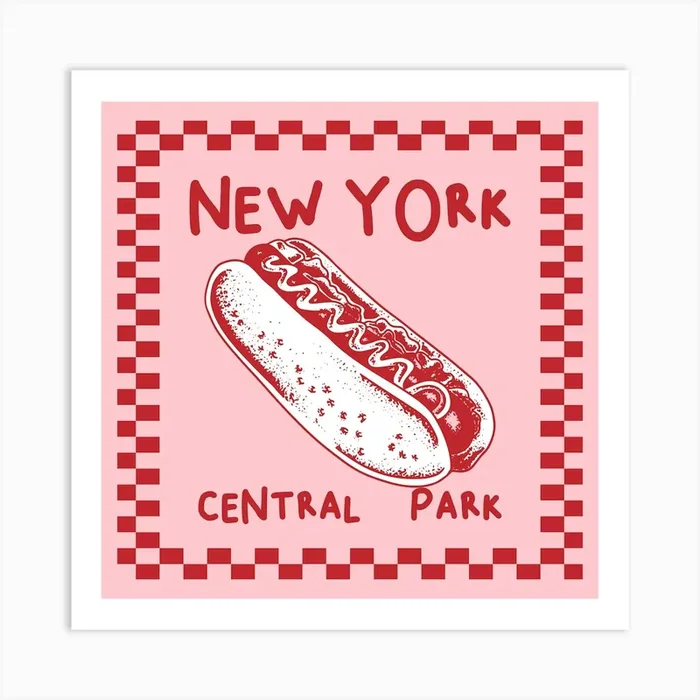 New York City Hot Dog | Pink and Red Food Poster 1 Art PrintKS by Kitty Strand