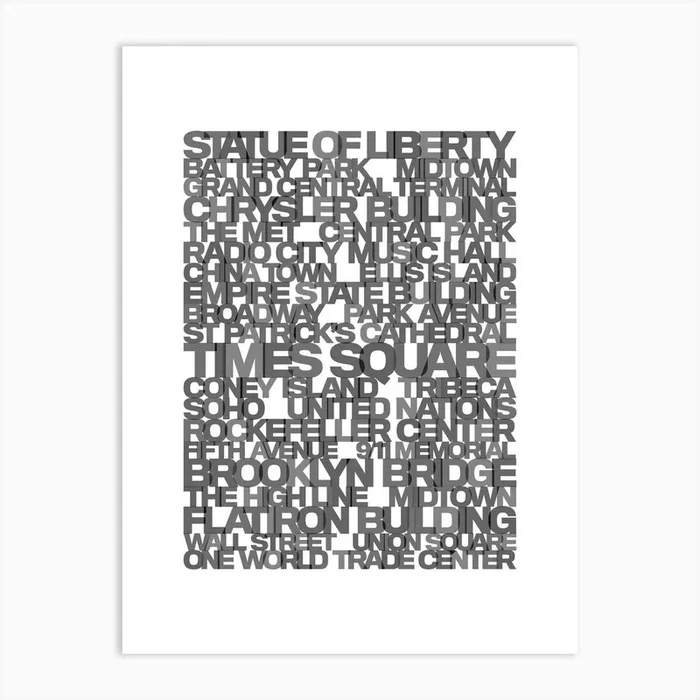 New York Place Names Typography Bw Art Print by Enchanted Wishes