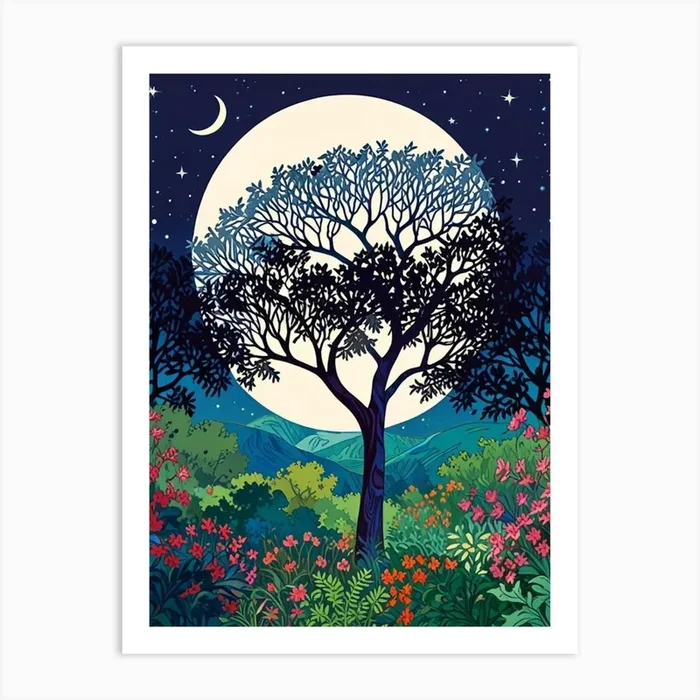 Night Sky With Tree And Flowers Art Print by Fantasy24