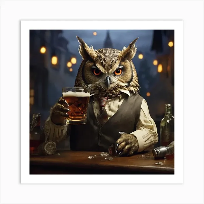 Owl At Bar Art Print by Artistry Walls